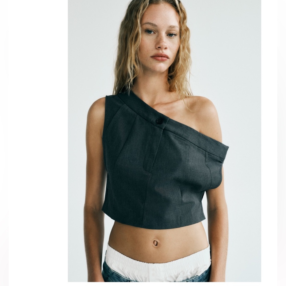 Zara Asymmetrical / One-Shoulder Gray Top (like the top of a skirt or pant) XS - Picture 1 of 8